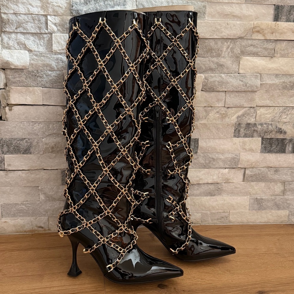 Jeffrey Campbell black patent gold Chanel chain boots size 7.5